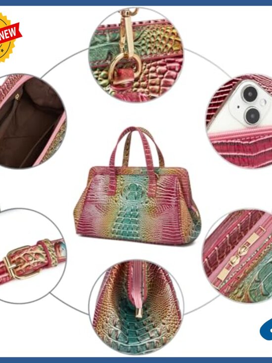 Medium Vegan Leather Satchel Tote with Crocodile Print, Shoulder & Crossbody Bag - Picture 6 of 6